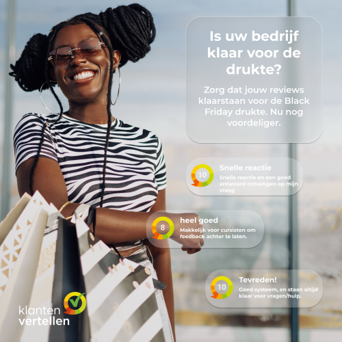 Vrouw met winkeltassen in een winkelcentrum en marketingtekst over het klaarzetten van reviews voor Black Friday.